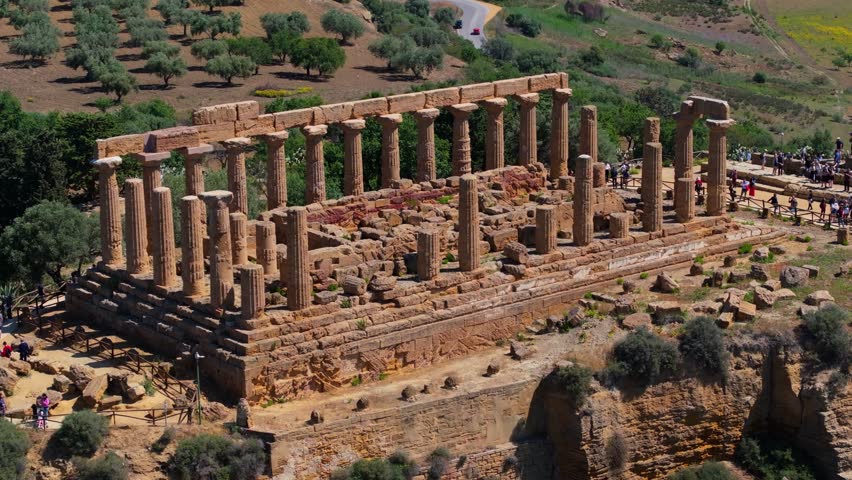 Cinematic Aerial View Above Temple of Hera at Valley of the Temples in Agrigento, Italy