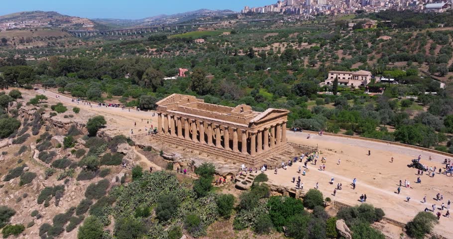 Beautiful Aerial Establishing Shot Above Temple of Concordia, Agrigento, Sicily, Italy