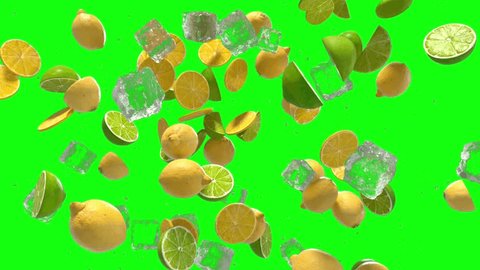 Flying Lemons and Ice cubes on green screen. slow motion 3d animation 4k video Stockvideó