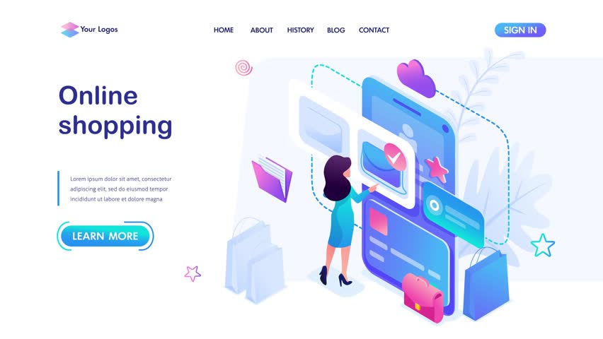 Isometric concept Young girl shopping online using smartphone and mobile app, paying by credit card. Template landing page for website
