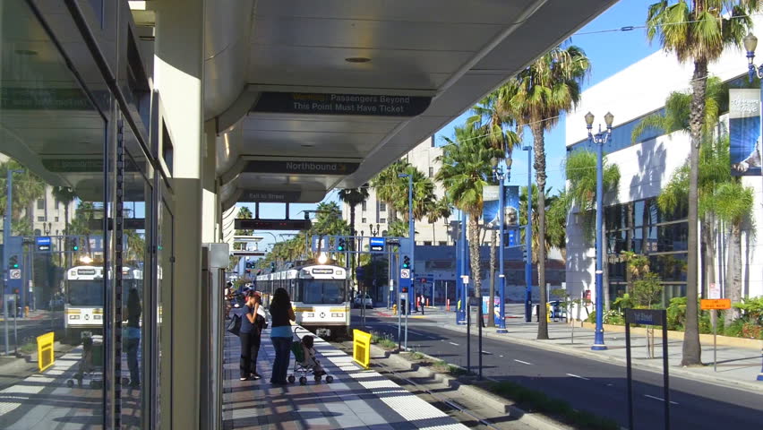 Long Beach, CA - February 23, 2013: A Metro Rail Train comes into a downtown