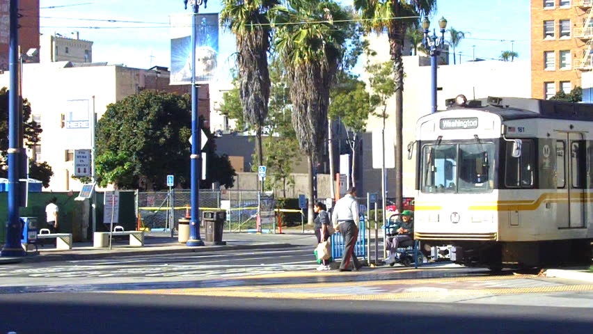 Long Beach, CA - February 23, 2013: A Metro Rail Train turns a corner in a