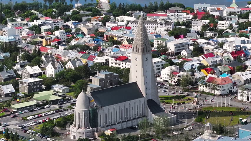 Aerial View, Hallgrimskirkja Church and Downtown Reykjavik, Iceland on Sunny Day
