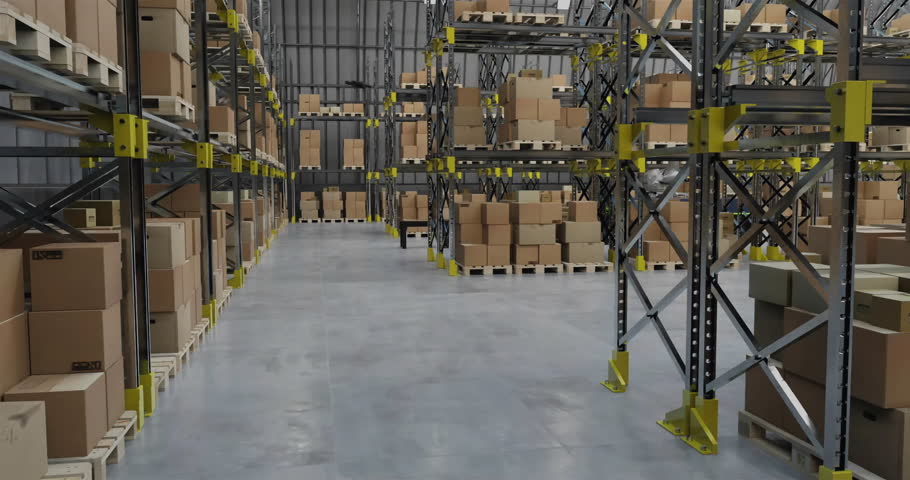 Animation of network of connections with icons over machines working in warehouse. Business and digital interface concept digitally generated video.