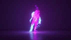 Captivating 3D rendering of a human figure dancing, composed of glowing particles in vibrant pink and blue, on a dark background. 3D Illustration - Powered by Shutterstock - Get 15% off with code: PIKWIZARD15