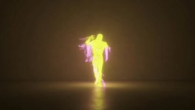 Striking 3D rendering of a dancing figure made from glowing particles in vivid orange and yellow, highlighted against a muted background. 3D Illustration - Powered by Shutterstock - Get 15% off with code: PIKWIZARD15
