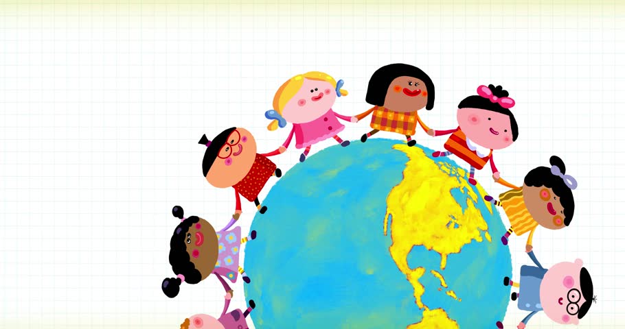 Children of different nations dancing on earth globe zoom grid version. Different skin color. Happy playing in a circle holding their hands and walking. World Universal Children day or Earth Day. 
