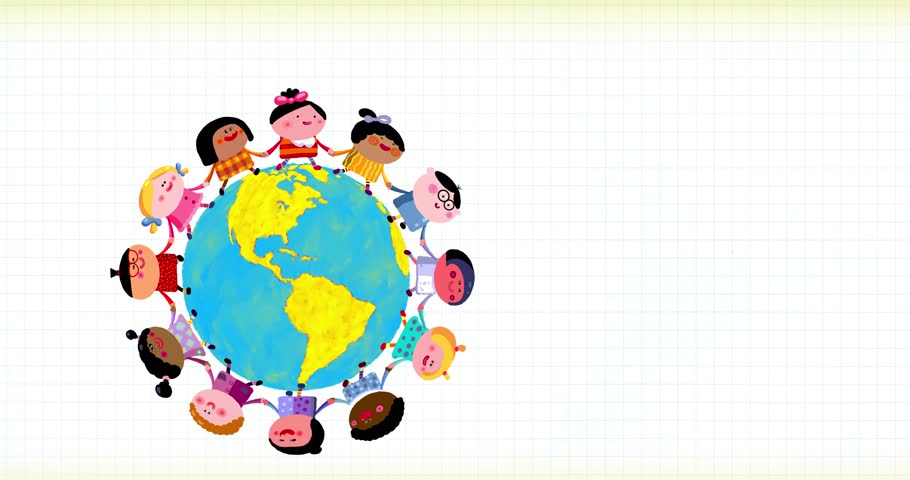 Children of different nations dancing on earth globe grid version. Different skin color. Happy playing in a circle holding their hands and walking. World Universal Children day or Earth Day. 