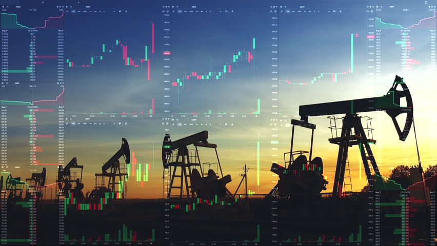 Oil pumps silhouette at sunset on background of stock charts. Industry energy power. Business financial concept, 4k