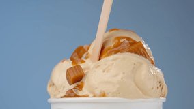 Cream ice cream in white cup, drizzled with caramel and sprinkled with pieces of caramel, with wooden spoon. - Powered by Shutterstock - Get 15% off with code: PIKWIZARD15