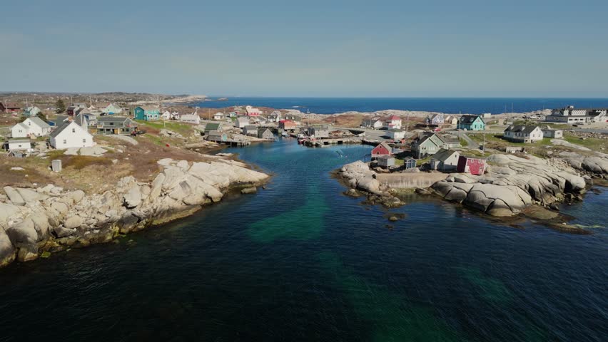 A cinematic drone shot of a fishing village in the picturesque Peggy