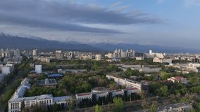 View from a quadcopter of the central part of the Kazakh city of Almaty in the early spring morning