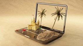 3d animation of open laptop with with green palm trees and castle near soil. 3D Illustration - Powered by Shutterstock - Get 15% off with code: PIKWIZARD15