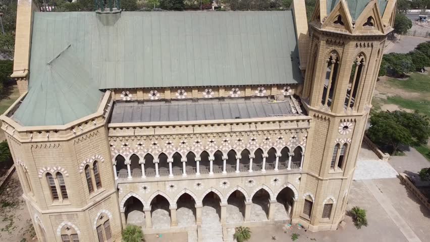 Karachi Frere Hall Building from the British Colonial Era Main Gate Entrance Side View on a Cloudy Day