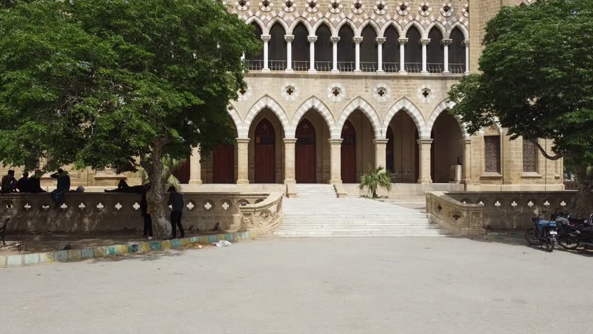 Karachi Frere Hall Building from the British Colonial Era Main Gate Entrance Side View on a Cloudy Day