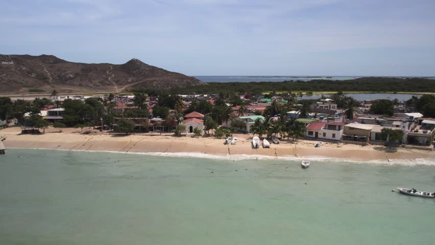 Aerial shot of Mar de Fondo on Isla Gran Roque with clear waters and boats