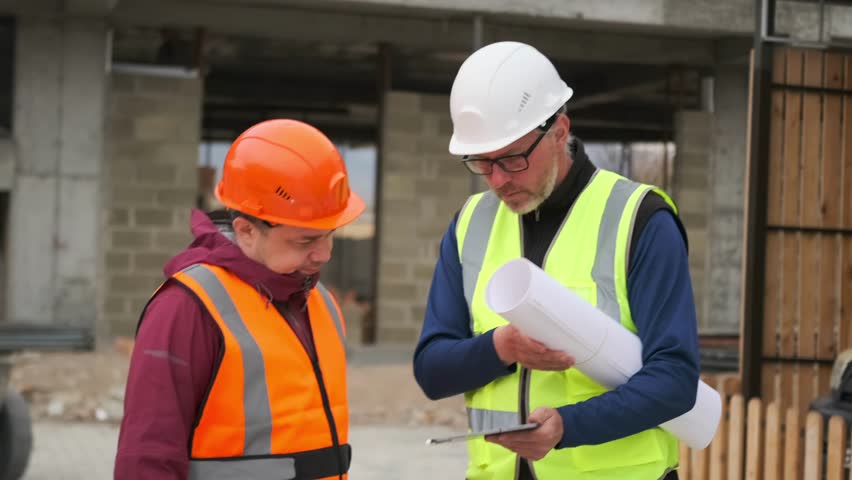 Smart civil architect engineer and construction worker inspecting blueprints in digital tablet and working outdoors on structure building site.  Royalty-Free Stock Footage #3500575273
