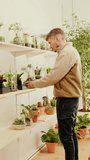 Vertical video, Close-up of male hands filming a home garden for social media, house plants aesthetic