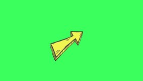 2D Looping animation of yellow and red ARROW pointing towards a point from different angle, green Screen Background. Can be easy set through rotation. Commercially used in any type of videos. 4k