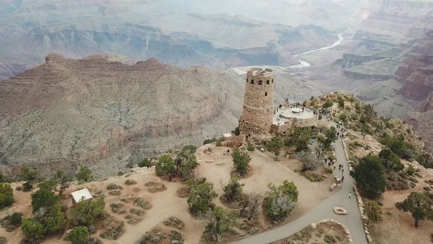 Watchtower at Desert View Overlook of the Grand Canyon National Park. (aerial photography)