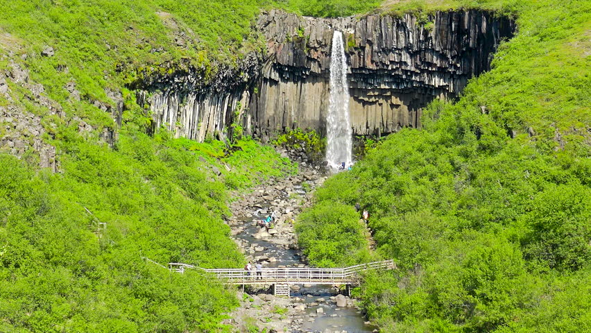 Aerial view of the spectacular Svartifoss waterfall, into the Skaftafell area of Vatnajokull National Park provides visitors with a breathtaking view of Svartifoss (Black Falls).