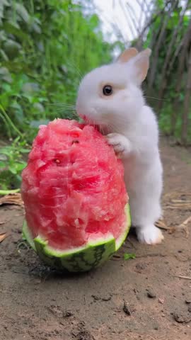 white rabbit eating a slice of watermelon.