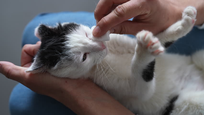 Closeup of male hands wiping eyes of sick cat with medical cotton swab. Treatment and care of eyes of cats. Veterinarian or owner wipes cat eyes. Causes of lacrimation in cats and treatment, slowmo.