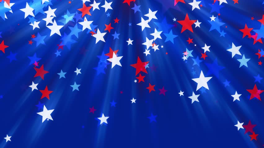Red white and blue stars falling like confetti on blue background for USA celebrations like 4th of July, Memorial Day, Veteran's Day, or other patriotic US American holidays.