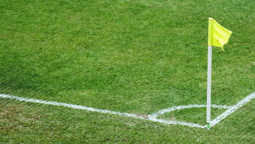 Empty football soccer field with white marks and a yellow corner flag.