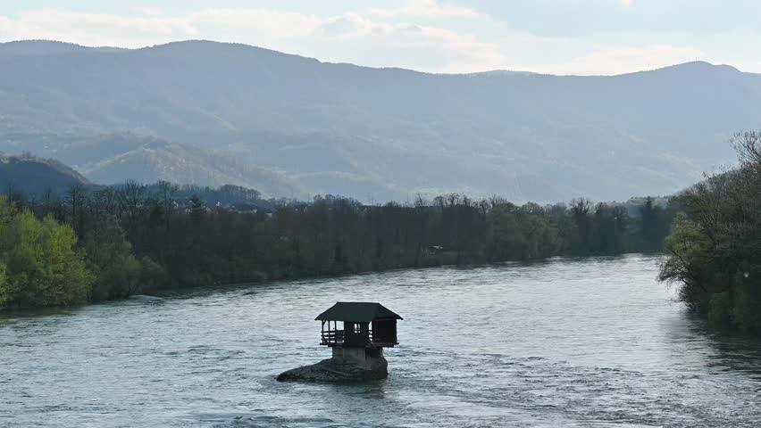 Lonely house on the Drina river in Bajina Basta, Serbia, 4k