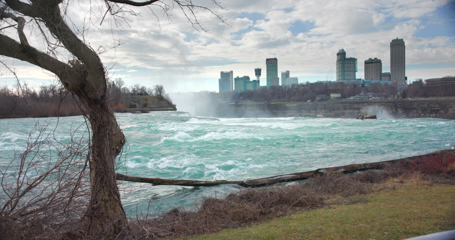 This is a video of Niagra Falls Ontario City over the American Falls.