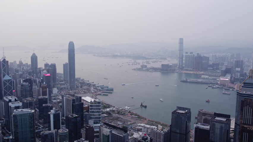Aerial panorama of Hong Kong in fog
