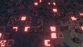 4k looped animation. Flight over hi tech pattern on plane surface, neon glow, complex elements and structure. 3d objects form sci fi surface 3d pattern. Information technology. 3D Illustration - Powered by Shutterstock - Get 15% off with code: PIKWIZARD15