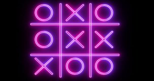 4K purple and pink Tic Tac Toe game icon on a black background. Glowing neon line Tic Tac Toe X-O game icon on a black background. Technology video material animation. Easy to use in any video.
