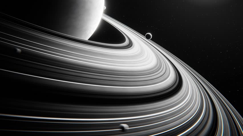 Science animation of blue planet like Saturn with rings and orbiting moons. Abstract cosmic spectacle for educational or creative projects. 3D render