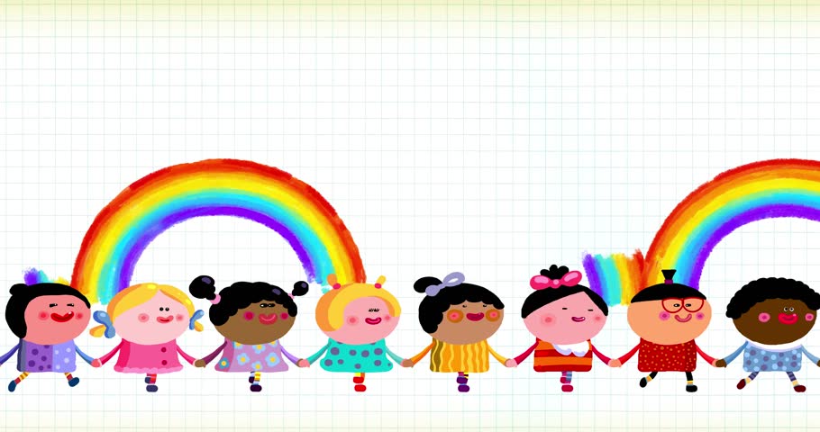 Children walking from in line on grid and rainbows background ver. 2. Different nations skin color. Happy kids holding their hands on green screen background. World Universal Children or Earth Day. 