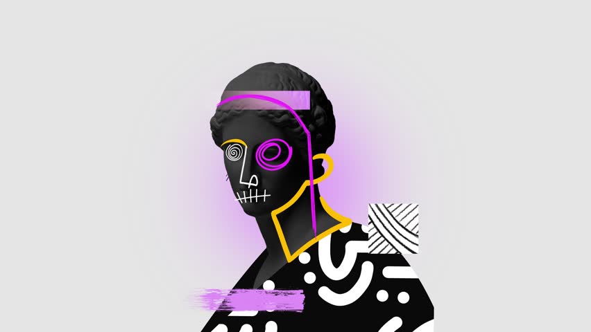 Modern animation. Stop motion. Antique black colored statue bust with neon drawings. Surreal style. Female eye element. Concept of sculpture artwork, creativity, party, postmodernism.