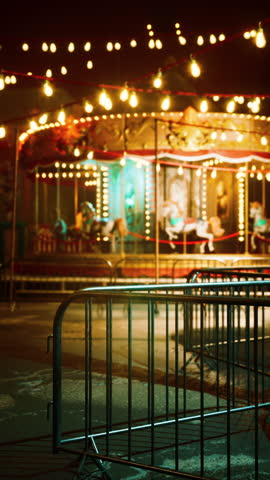 A merry go round at a deserted amusement park at night, brightly lit with multiple lights, spinning without riders.