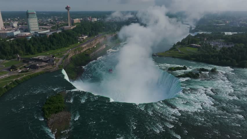 Niagara Falls on both the American and Canadian sides. Powerful waterfall of crystal clear waters. Majestic and misty rapids of the 56 km long Niagara River. Boat under the waterfalls with tourists.
