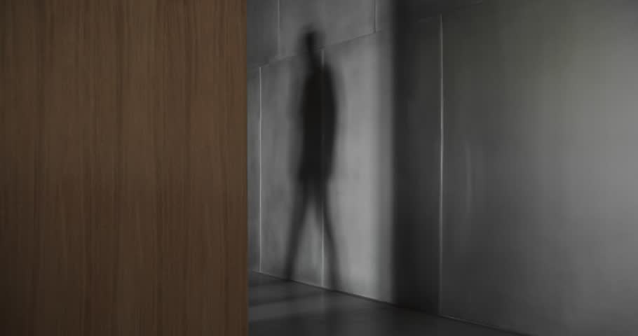 Minimalist Modern House. Minimalist wooden wall with concrete floor. Luxury room design. The man's shadow appears on the concrete wall in the apartment.