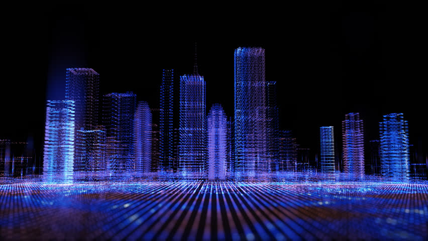 Flying through futuristic digital city,  color buildings with a particles network. Isolated transparent background, Alpha channel ready.