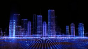 Flying through futuristic digital city,  color buildings with a particles network. Isolated transparent background, Alpha channel ready. - Powered by Shutterstock - Get 15% off with code: PIKWIZARD15