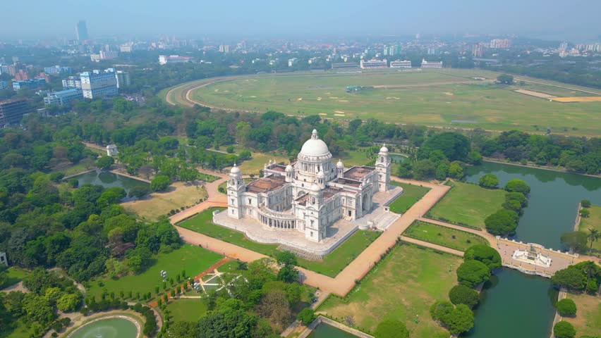 Aerial view of Victoria Memorial is a large marble monument on the Maidan in Central Kolkata