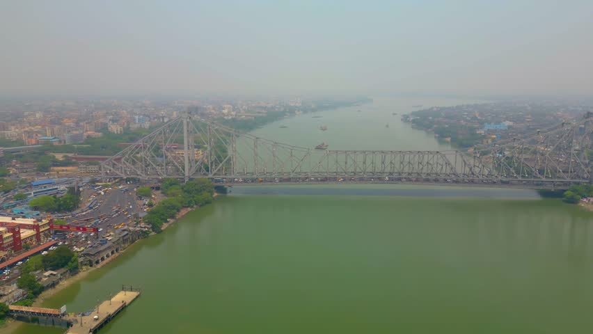 Aerial view of Howrah Bridge, This is a balanced steel bridge over the Hooghly River in West Bengal, India.