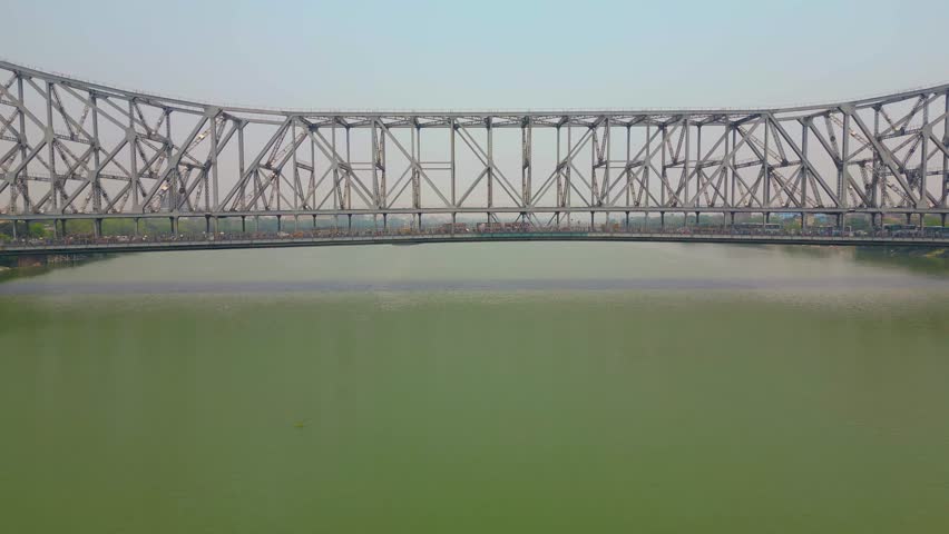 Aerial view of Howrah Bridge, This is a balanced steel bridge over the Hooghly River in West Bengal, India.