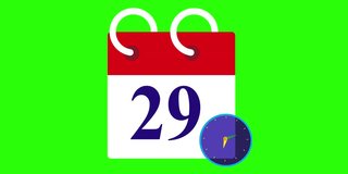 Calendar with 29 number and clock icon animation green background white and red effect