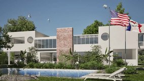 3D modeling and video of a residential building with swimming pool and USA and Iowa flags blowing in the wind