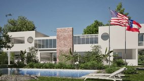 3D modeling and video of a residential building with swimming pool and USA and Georgia flags blowing in the wind