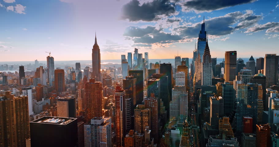 Amazing New York skyscrapers in the bright light of sun. Aerial perspective on Manhattan at daytime.