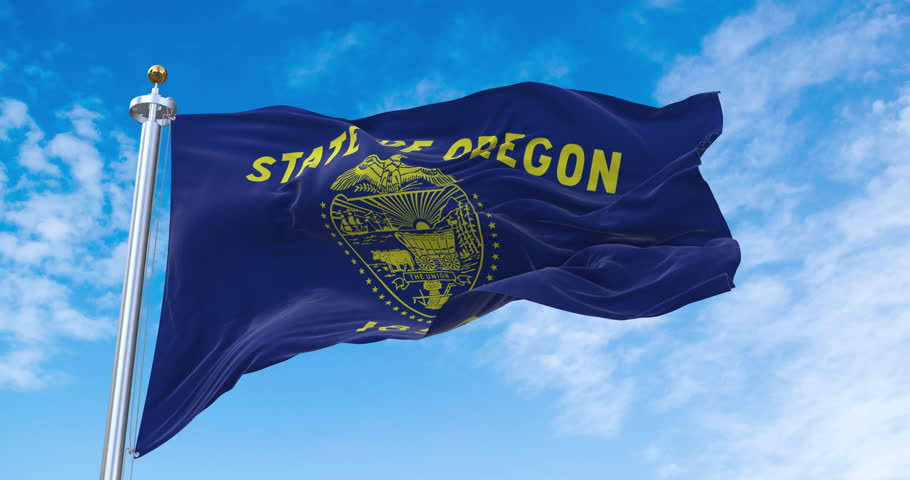 Flag of Oregon realistic waving in the wind with sky background (Perfect Loop)